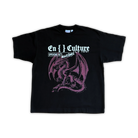Black t-shirt with pink dragon design and text on a white background