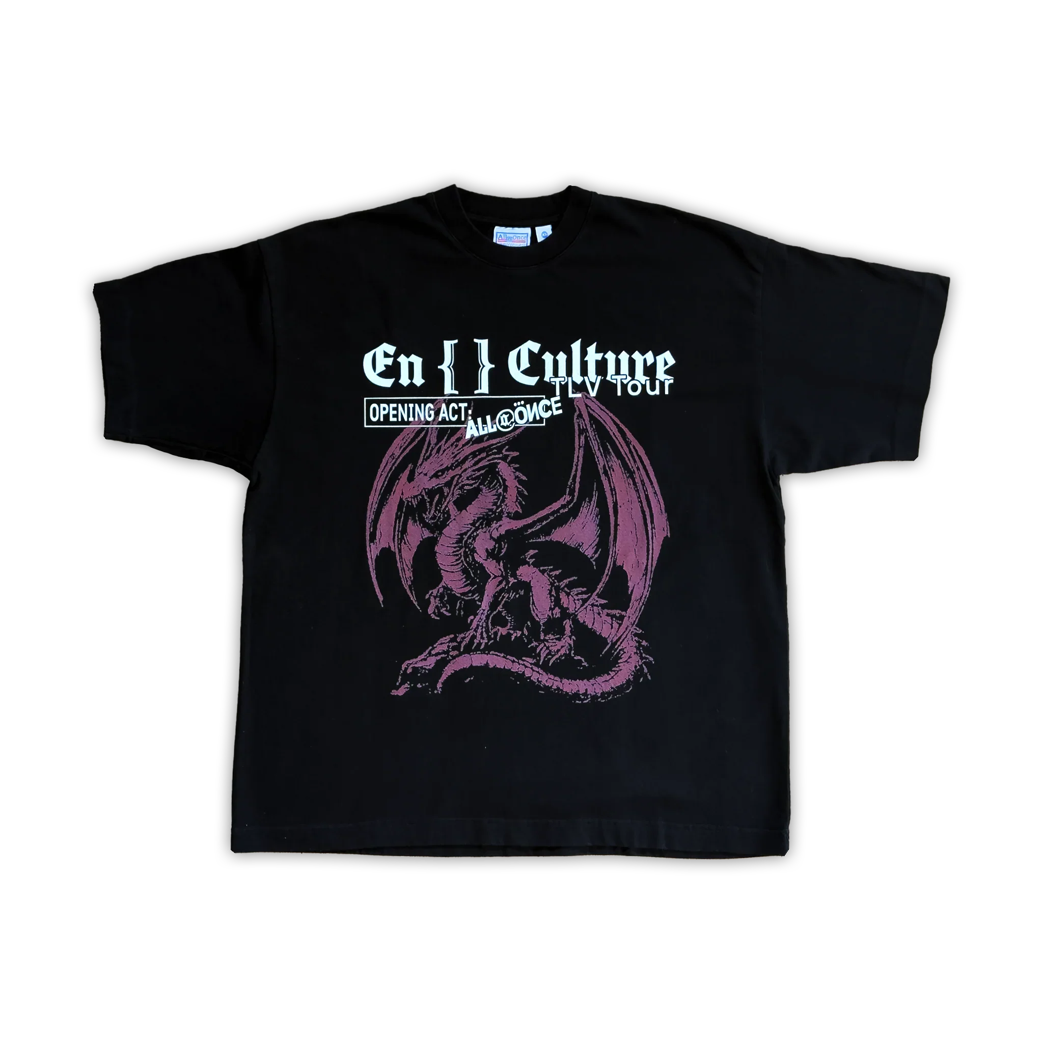 Black t-shirt with pink dragon design and text on a white background