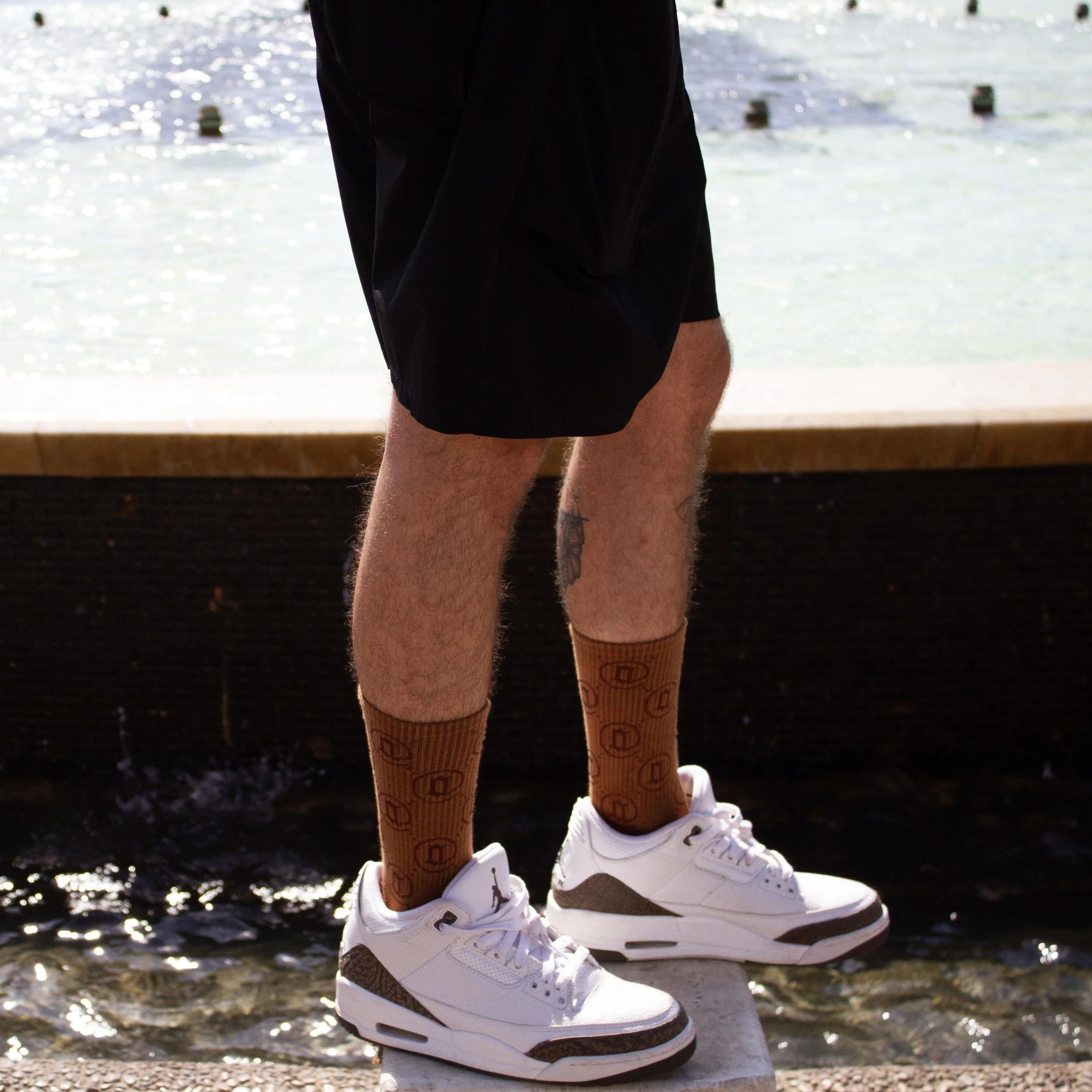 Brown monogram socks with geometric pattern worn with white sneakers and black shorts by a fountain