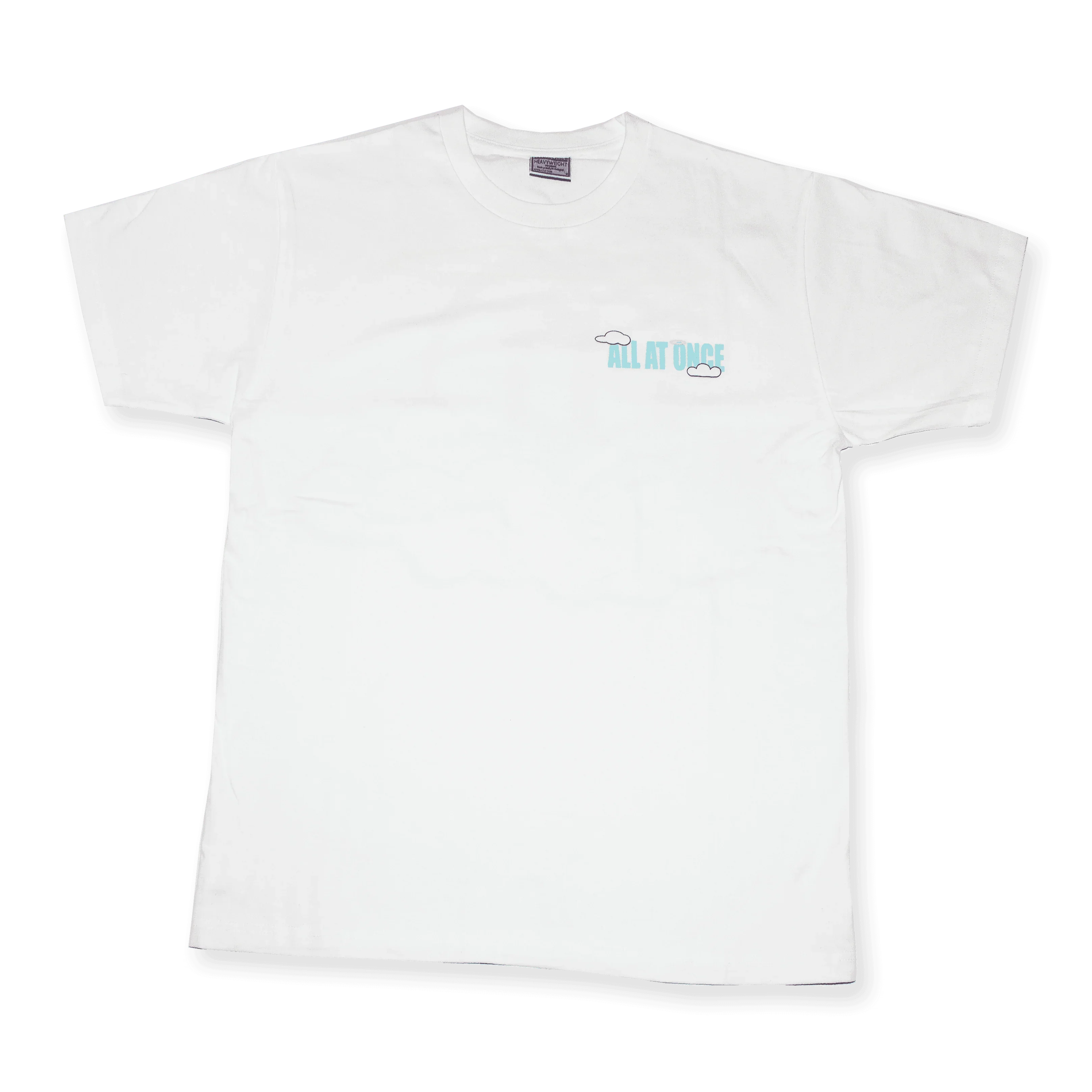 White t-shirt with small blue 'ALL AT ONCE' text and cloud graphics on chest