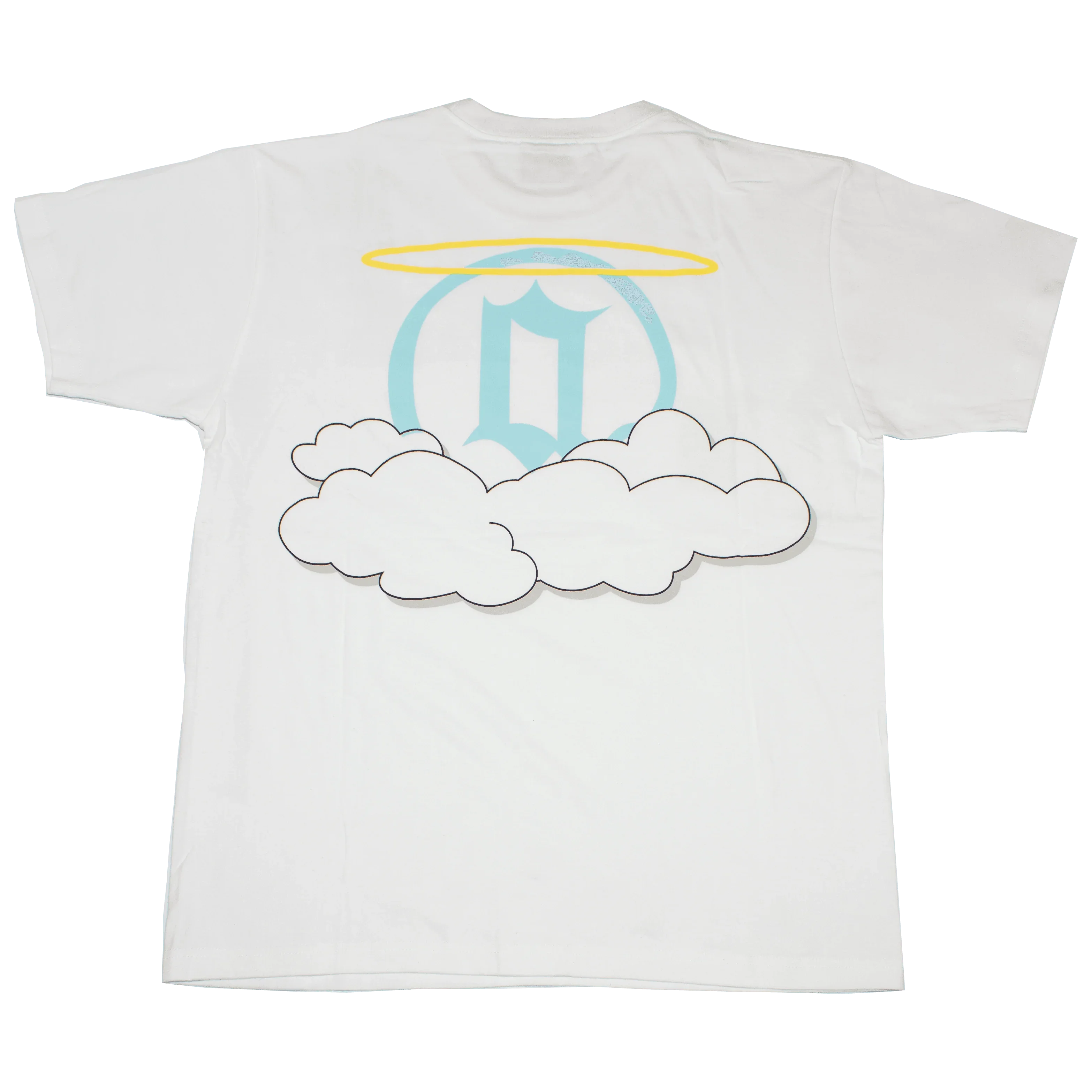 White graphic tee with clouds, blue letter O, and yellow halo on the back