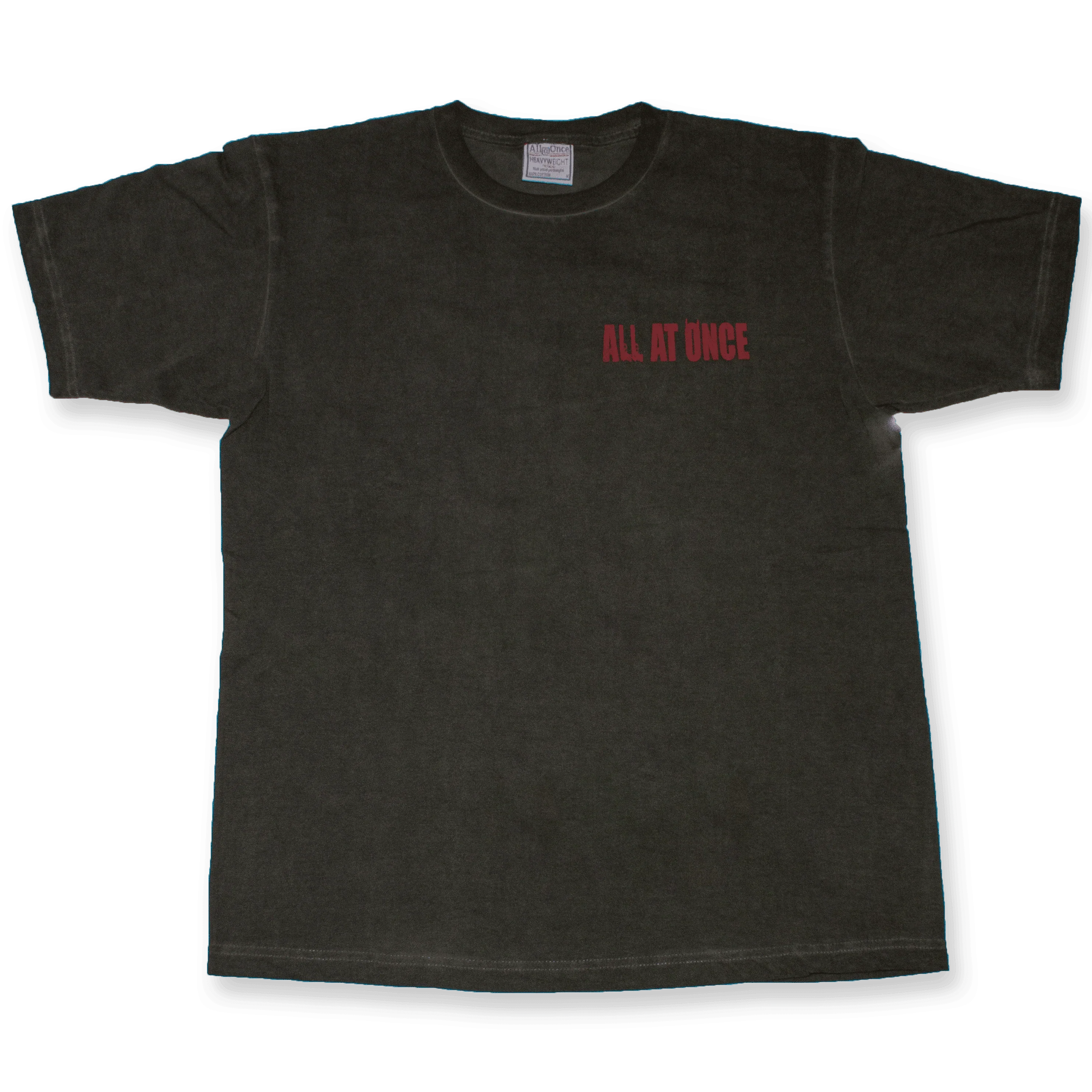 Black unisex t-shirt with red 'ALL AT ONCE' text on front left chest
