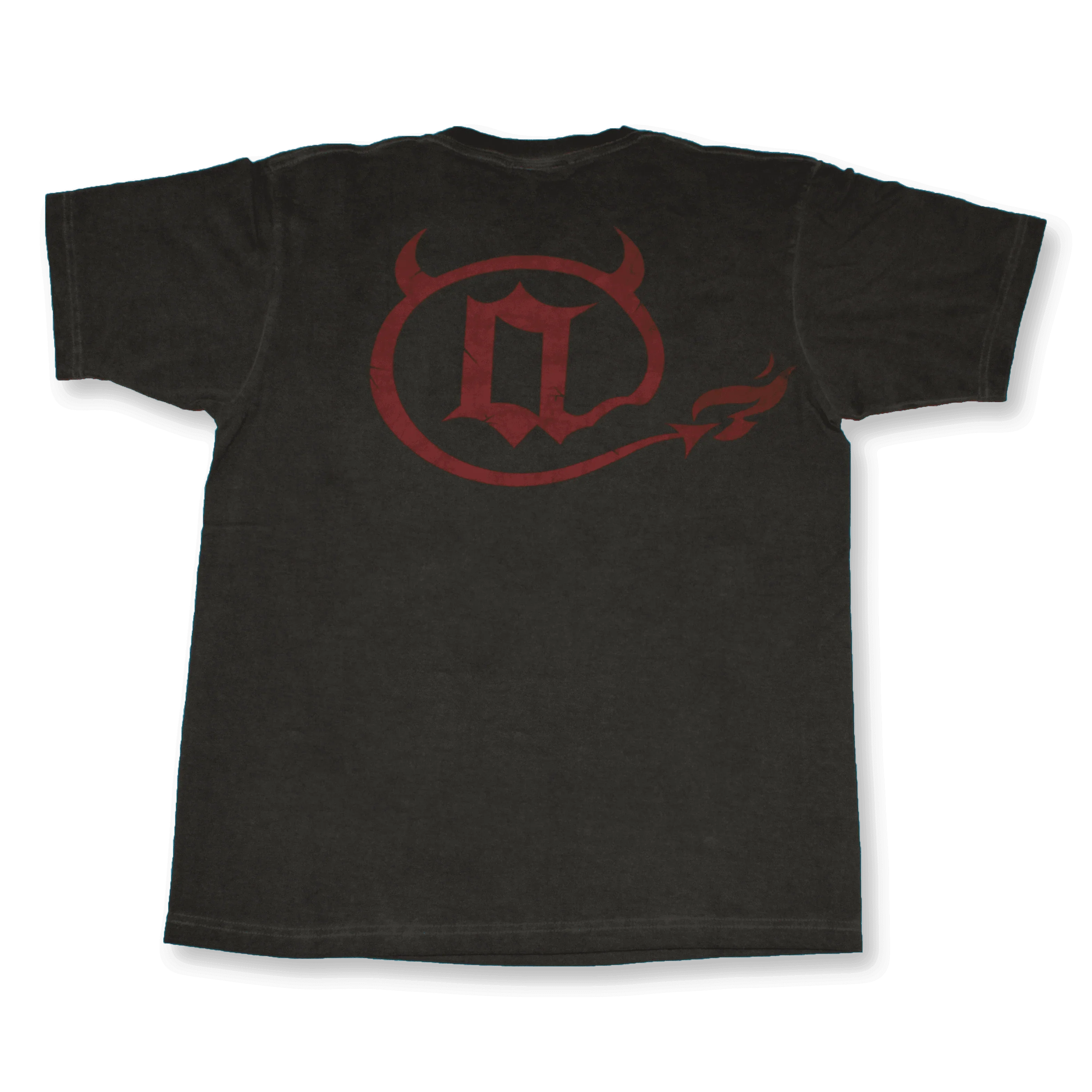 Black short sleeve t-shirt with large red devil tail logo graphic on the back